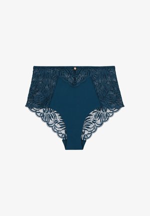Sous-vêtements taille haute en teal avec une bordure en dentelle complexe. Le matériau lisse et les bords festonnés mettent en valeur le motif floral en dentelle.