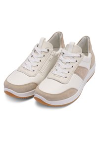Pair of white and beige leather sneakers with white laces, side zipper, and gum rubber soles on a white background.