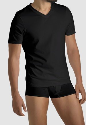 Black v-neck t-shirt in a smooth, stretchy fabric paired with black fitted briefs. Both garments feature minimalistic design and short sleeves.