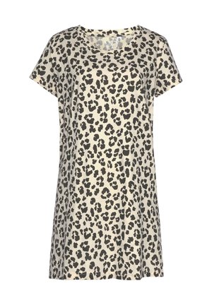 Kurzärmlige, locker sitzende Tunika in Creme mit schwarzem Leopardenmuster. Weicher Baumwollstoff, runder Ausschnitt und hüftlanges Design.