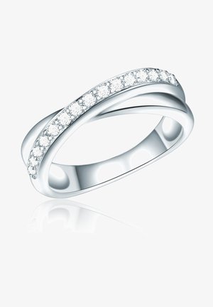 Silver ring with a twisted design, featuring a row of small, clear gemstones set along the top edge. Smooth, polished finish.
