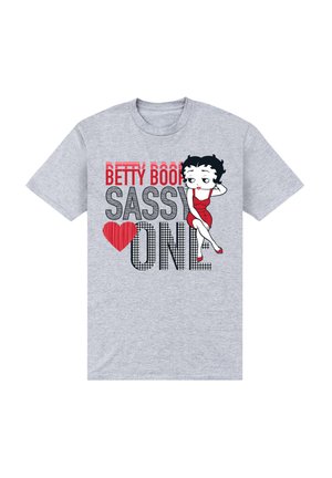 Grijze katoen t-shirt met een afbeelding van Betty Boop in een rode jurk. De tekst zegt "Betty Boop Sassy" met een hart en een geblokt patroon.