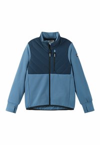 Giacca isolante azzurro chiaro con una sezione superiore trapuntata blu scuro, colletto rialzato, chiusura con zip e polsini elastici. Presenta un logo sulla manica.