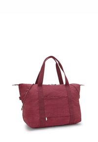 Duża bordowa torba tote z dwoma uchwytami, przednią kieszenią i zamykaną na zamek główną komorą, stojąca prosto na białym tle.