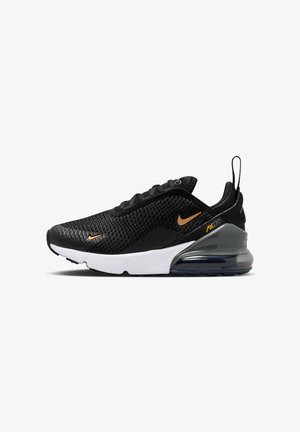 Mustad Nike Air Max 270 tossud võrkmaterjalist pealmise osaga, valge tallaga, oranžide Swoosh-logo ja nähtava õhupadjandiga kontsas.
