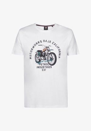 Wit katoenen T-shirt met een motorfietsgrafiek en de tekst "MOTORWORKS BAJA CALIFORNIA" met accenten in teal en zwart. Klassiek ontwerp met ronde hals.