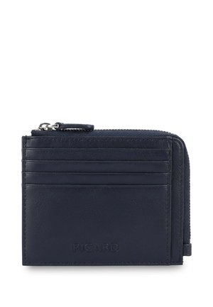 Kompakte marineblaue Lederbrieftasche mit vier Kartenfächern und einer seitlichen Reißverschluss-Münztasche.