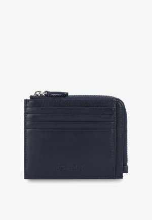 Kompakte marineblaue Lederbrieftasche mit vier Kartenfächern und einer seitlichen Reißverschluss-Münztasche.