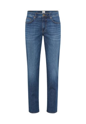 Blauwe spijkerbroek met rechte pijpen, ontwerp met vijf zakken, knoopsluiting en subtiele vervaging op de voorste dijen en knieën.