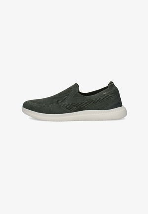Sneaker nera in mesh slip-on con suola bianca e linguetta sul tallone, progettata per un uso casual.