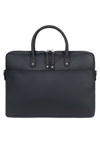 Zwarte laptoptas met een gestructureerd ontwerp, gemaakt van textuur synthetisch materiaal. Voorzien van dubbele handgrepen aan de bovenkant en ritshardware in zilvertint.