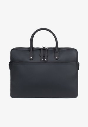 Black laptop bag with a structured design, made from textured synthetic material. Features dual top handles and silver-tone zipper hardware.