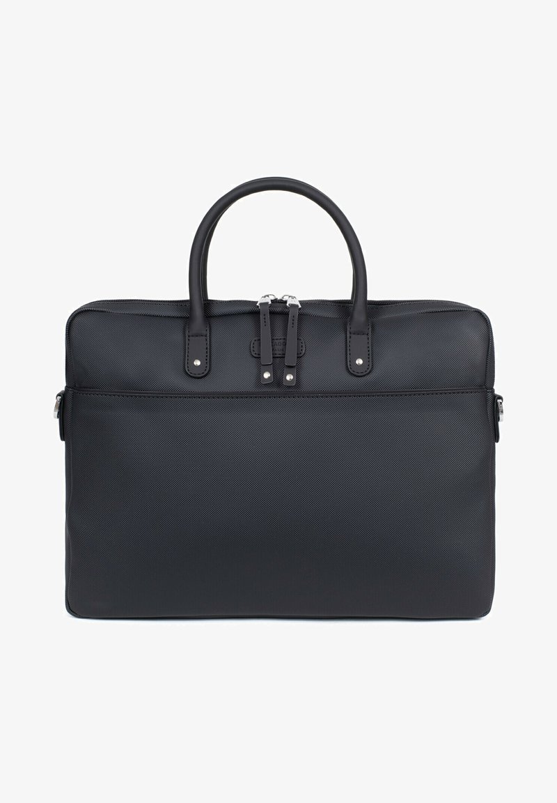 Black laptop bag with a structured design, made from textured synthetic material. Features dual top handles and silver-tone zipper hardware.