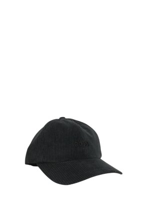 Cappellino da baseball in corduroy nero con visiera curva e logo "BOSS" tonale ricamato sul davanti. Presenta una texture a coste verticali.