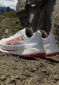 Białe buty do biegania TERREX typu trail z pomarańczowymi literami, umieszczone na skalistym terenie na zewnątrz, w pobliżu dużej formacji skalnej.