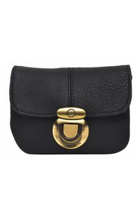 Black leather pouch with a textured finish, rounded shape, and a brass clasp closure. Features stitching along the edges. Compact design.