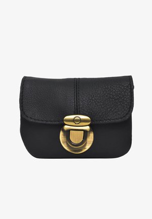 Black leather pouch with a textured finish, rounded shape, and a brass clasp closure. Features stitching along the edges. Compact design.