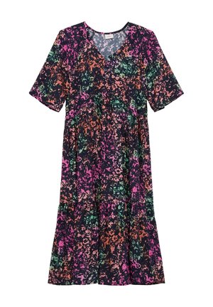 Kleid mit Blumenmuster, kurzen Ärmeln, V-Ausschnitt und mehrstufigem Rock. Dunkler Hintergrund mit rosa, orangefarbenen und grünen Akzenten. Leichter Stoff.