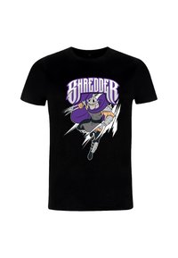 Camiseta de algodón negra con un gráfico de un personaje en púrpura y gris, con el texto "SHREDDER" arriba en letras grandes en blanco y púrpura.
