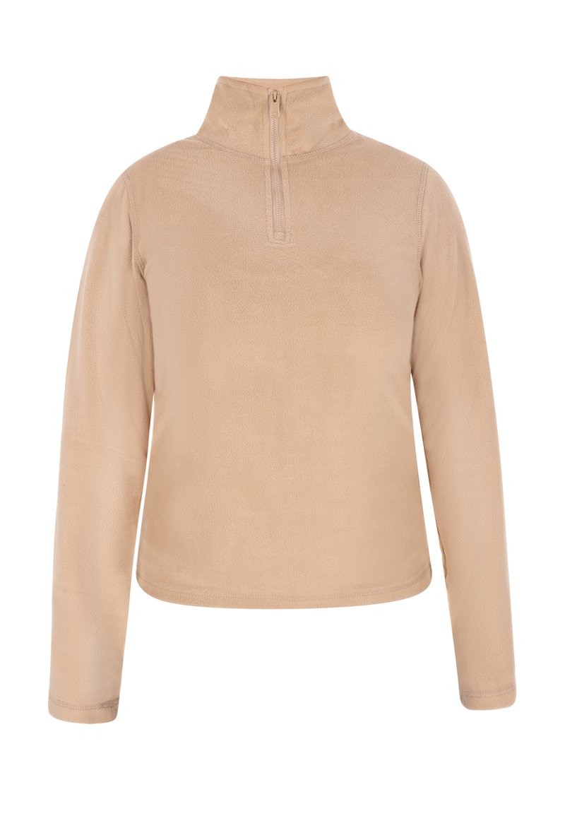 Pullover in pile beige con colletto a mezza zip, maniche lunghe e texture liscia. Design semplice e classico senza pattern o dettagli.