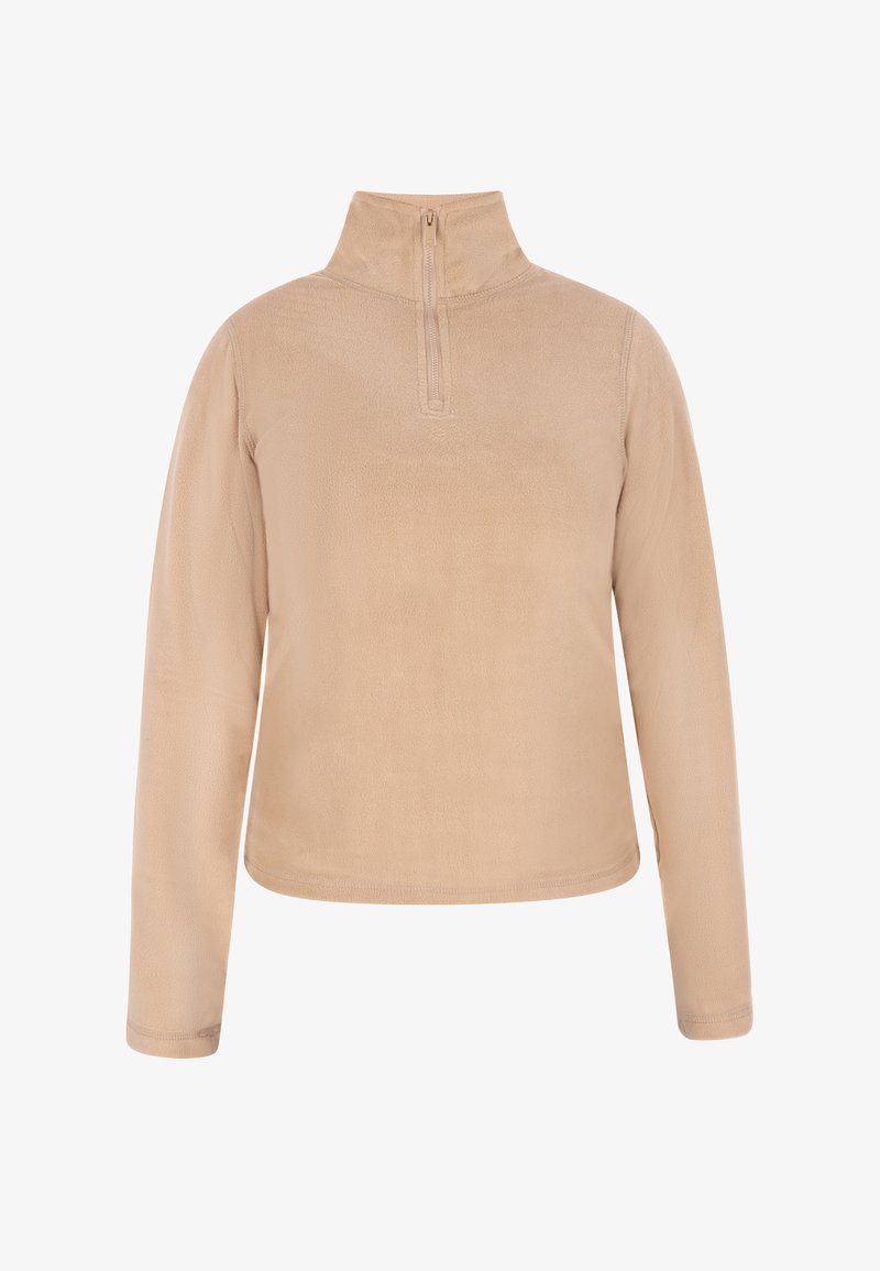 Beige színű bolyhos pulóver fél cipzárral a gallérnál, hosszú ujjakkal és sima felülettel. Egyszerű, klasszikus design, minta vagy díszítés nélkül.
