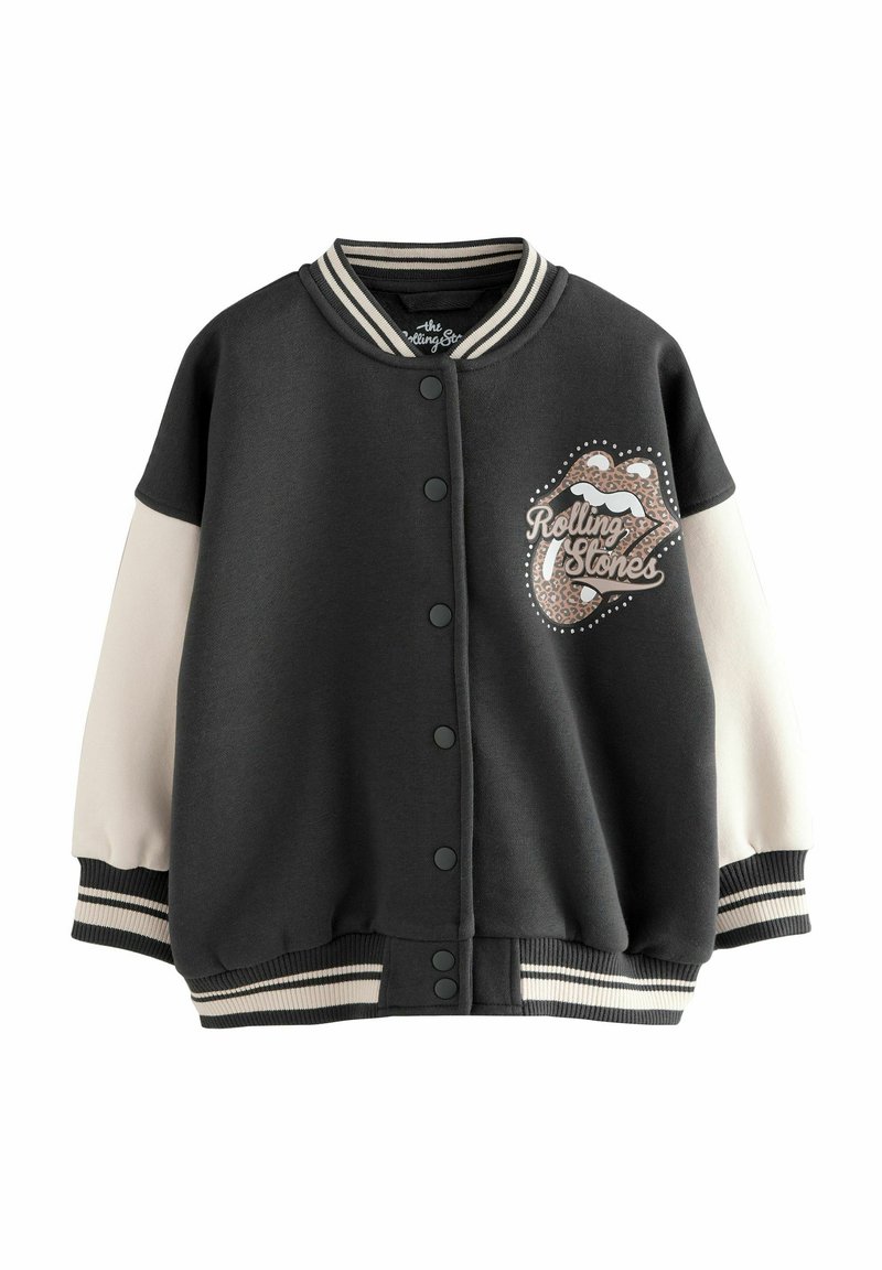 Zwarte en crèmekleurige varsityjack met gestreepte geribbelde kraag en manchetten. Bevat een opvallend luipaardprint Rolling Stones tonglogo.