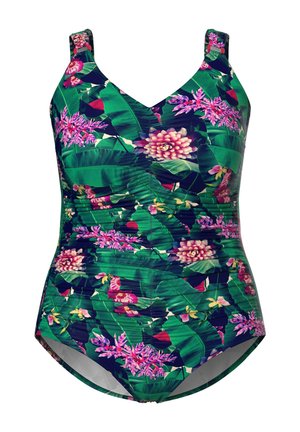 Einteiliger Badeanzug mit tropischem grünen Blatt- und pinkem Blumenmuster, mit breiten Trägern und gerafftem Taillendesign.