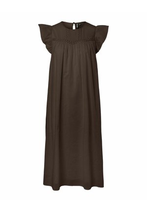 Robe marron foncé sans manches avec manches volantées, bordure en dentelle sur la poitrine, devant plissé et encolure ronde avec fermeture boutonnée au dos.