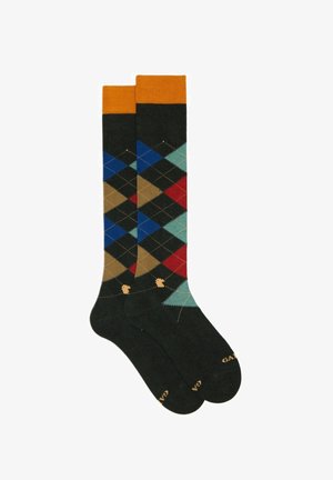 Calze alte fino al ginocchio di colore verde scuro con un motivo argyle, caratterizzato da accenti blu, rosso, teal, marrone e arancione. Tessuto morbido con una leggera texture.