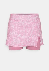 Falda corta deportiva rosa con un patrón abstracto blanco texturizado. Cuenta con una cintura elástica y pantalones cortos integrados para mayor comodidad y cobertura.