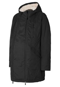Černá zateplená bunda s kapucí lemovanou umělým chlupem, zapínáním na celou délku na zip a bočními kapsami. Má volný střih a měkkou texturu.