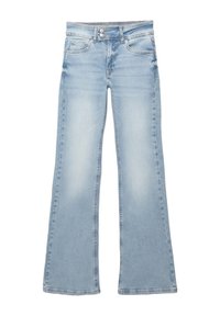 Jeans svasati di colore blu chiaro realizzati in denim. Presentano due tasche frontali, una vita con chiusura a bottone e una finitura sbiadita.