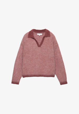 Pulover tricotat texturat în nuanță roz prăfuit. Dispune de un decolteu adânc în V, guler și tiv finisate cu dungi. Mâneci lungi cu croială lejeră și finisaj moale.