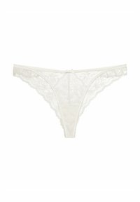 Koronkowy thong w kolorze kości słoniowej, z kwiatowymi wzorami, falbaniastymi krawędziami i małą kokardką na środku. Lekki, delikatny materiał zapewniający komfort.