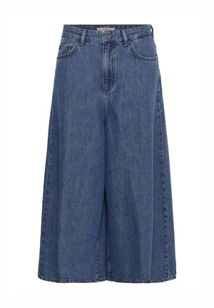 Culottes en jean bleu à jambes larges avec bouton à l'avant, fermeture éclair, passants de ceinture, et poches avant et arrière.