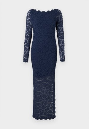 Navy blue lace dress with long sleeves, fitted silhouette, and a sheer lower section. Features floral patterns and scalloped edges.