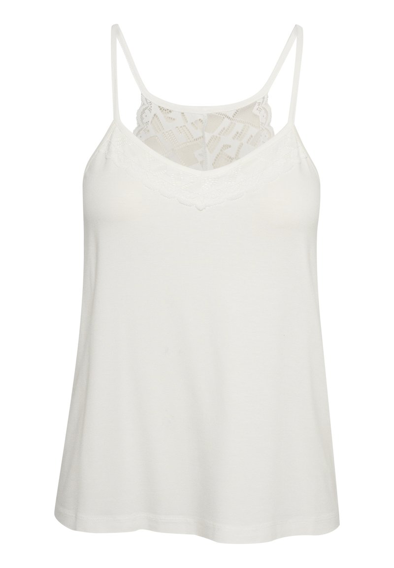 Witte top met verstelbare spaghettibandjes, kantdetails bij de halslijn en een zachte, gladde textuur. Vloeit zachtjes weg vanaf de taille.