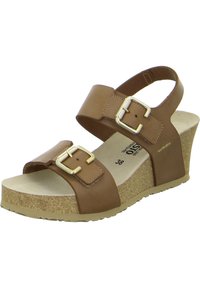 Bruine lederen wedge sandalen met twee verstelbare banden, gouden gespen, een textuur van kurken zool en een zachte voetbed. Maat 38.