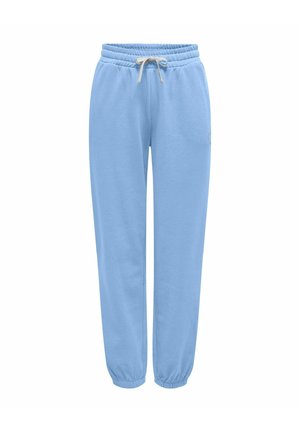 Lyseblå joggingbukser med elastisk taljebånd og hvid snøre, elastiske manchetter ved anklerne, vist på ensartet hvid baggrund.