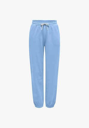 Šviesiai mėlynos kelnės su elastinga juosmens juosta ir baltu raišteliu, elastingomis apačiomis ties čiurnomis, pateiktos ant balto fono.