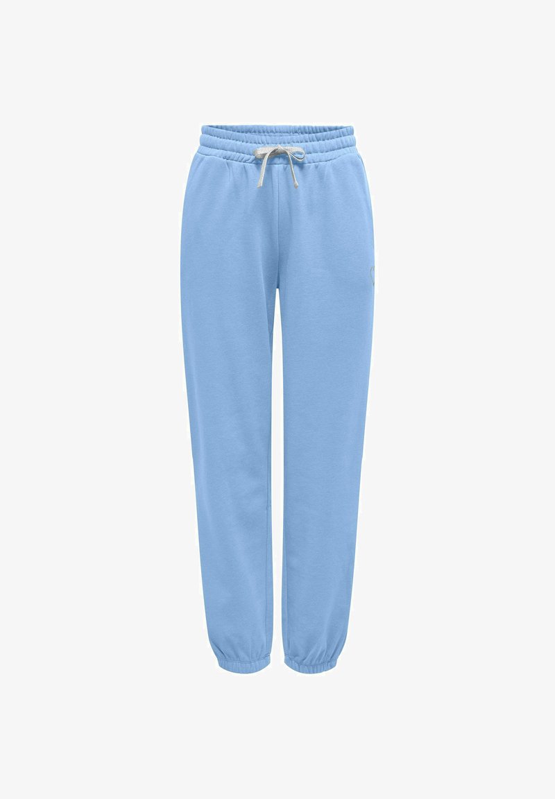 Jasnoniebieskie spodnie dresowe z elastycznym paskiem i białym sznurkiem, z elastycznymi ściągaczami przy kostkach, pokazane na jednolitym białym tle.