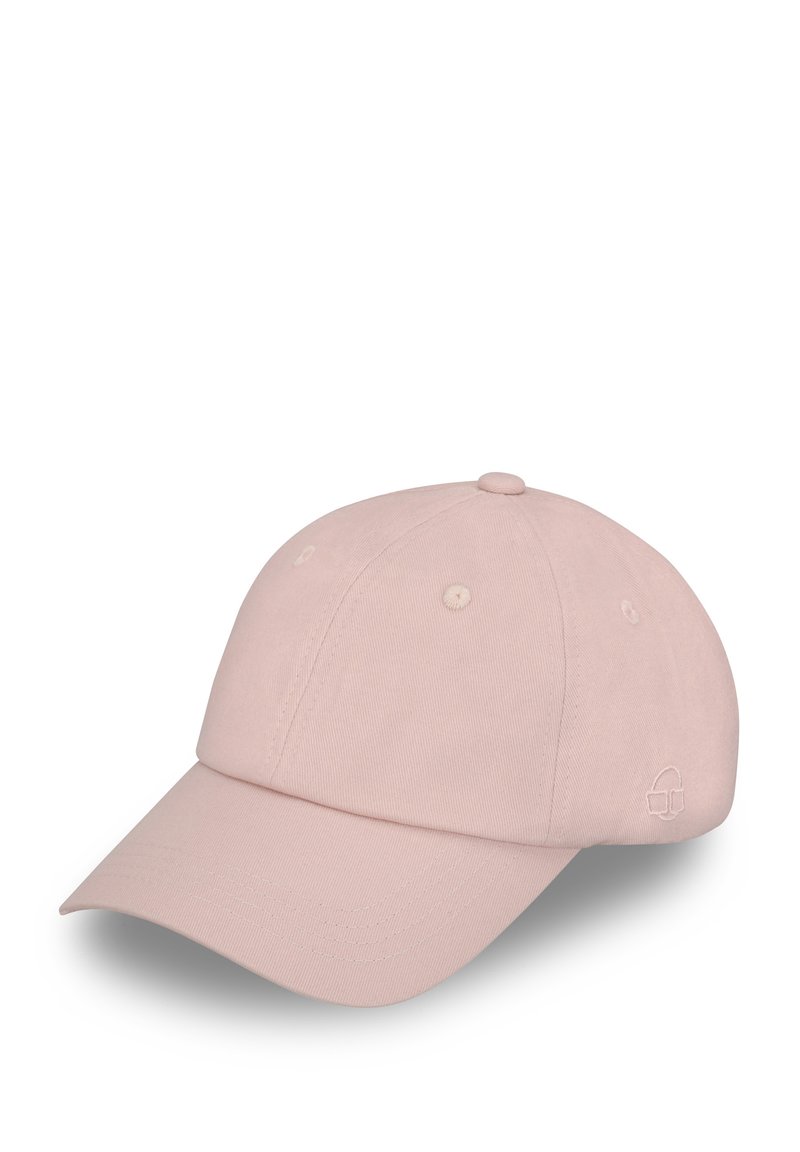 Rosa baseballkeps i bomull med rund krona, böjd skärm, sex ventilationsöppningar och broderad logotyp på sidan.