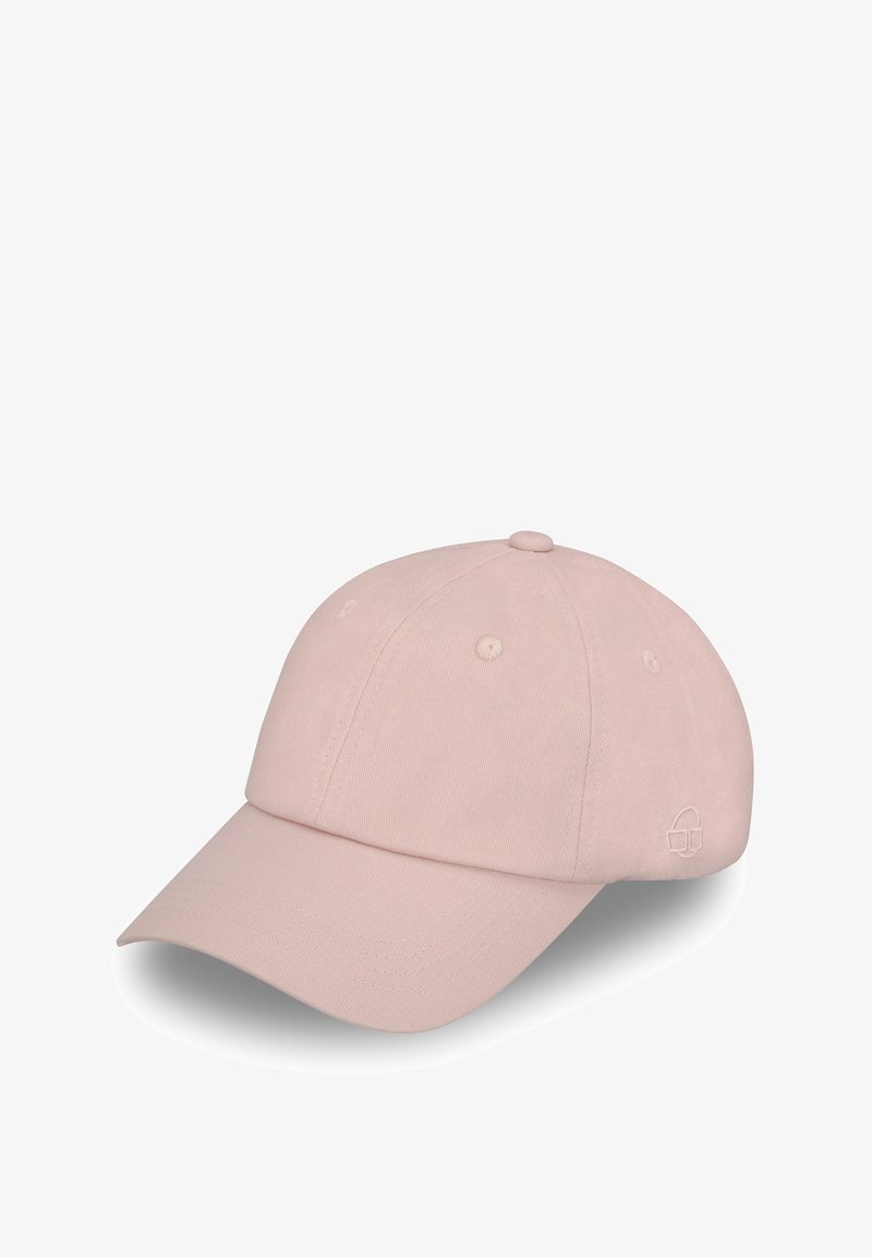 Rózsaszín baseball sapka, pamutból készült, kerek koronával, ívelt napellenzővel, hat szellőző szemölccsel és hímzett logóval az oldalon.
