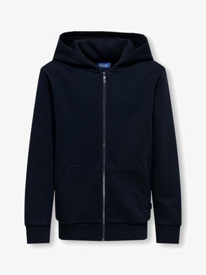 Tamno plava zip-up dukserica od mekog pamuka, s kengur džepom i rebrastim rukavima, s glatkom teksturom i podešavanjem kapuljače.
