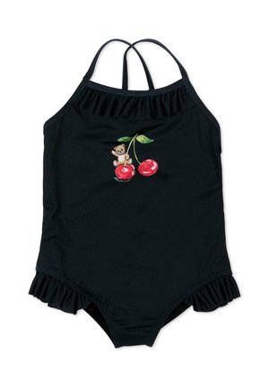 Czarny jednoczęściowy strój kąpielowy z podwójnymi ramiączkami, falbankami na krawędziach i grafiką misia siedzącego na dwóch czerwonych wiśniach.