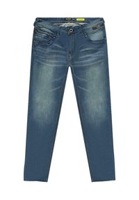 Blauwe denim jeans met een vervaagde afwerking, vijf zakken en contrasterende gele stiksels. Slim fit met een ritssluiting en knoopsluiting.