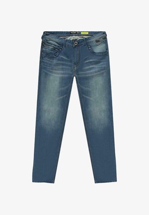Blauwe denim jeans met een vervaagde afwerking, vijf zakken en contrasterende gele stiksels. Slim fit met een ritssluiting en knoopsluiting.