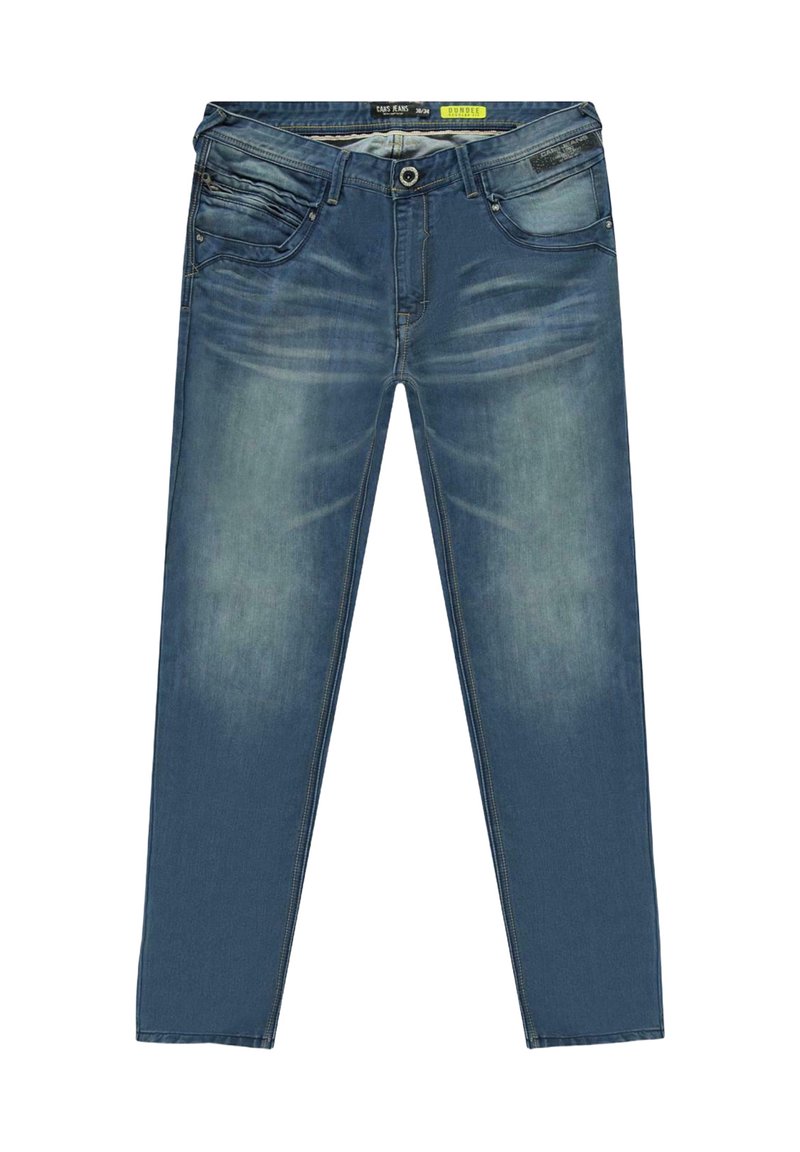 Blauwe denim jeans met een vervaagde afwerking, vijf zakken en contrasterende gele stiksels. Slim fit met een ritssluiting en knoopsluiting.