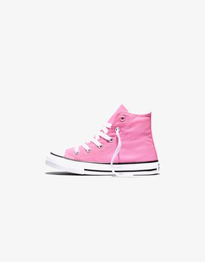 Pink højtop lærredsneakers med hvid sål og snørebånd, sideprofil på hvid baggrund.