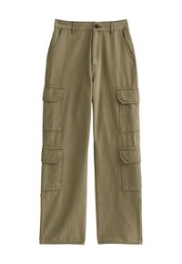 Olijfgroene cargobroek, gemaakt van duurzaam katoen. Voorzien van meerdere zijzakken, een knoopsluiting en een relaxte pasvorm met rechte pijpen.